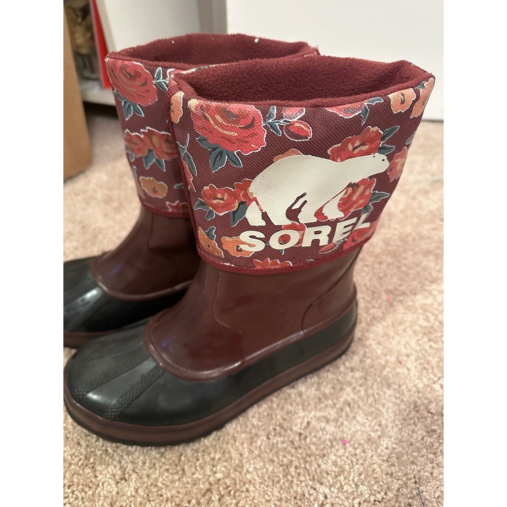 Sorel NY1812-508 Women 5 Waterproof Snow Boots Floral Polar Bear Burgundy Black